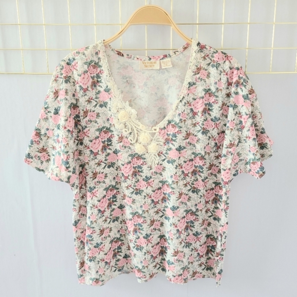 Victoria's Secret Gold Label Pink Green Flower Garden Lace Vintage Top